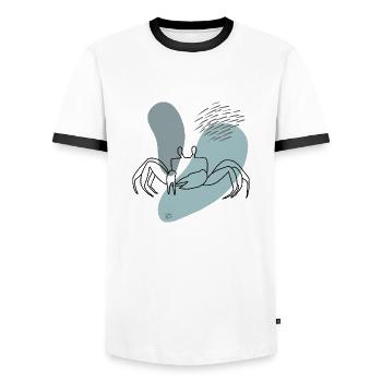 "Crab", Boho Line Art Design, Series "Ocean" - Men's Ringer Shirt - white/black - Front - AI Model Female 172 light (172cm) & AI Model Male 178 dark (178cm)