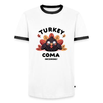 Turkey Coma Incoming! - Men's Ringer Shirt - white/black - Front - AI Model Female 172 light (172cm) & AI Model Male 178 dark (178cm)