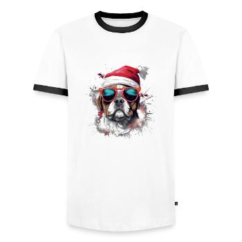 French Bulldog Christmas Dog in the Snow - Men's Ringer Shirt - white/black - Front - AI Model Female 172 light (172cm) & AI Model Male 178 dark (178cm)