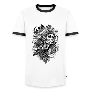 Native American Woman Face Feather Headdress Spirit Feathers - Men's Ringer Shirt - white/black - Front - AI Model Female 172 light (172cm) & AI Model Male 178 dark (178cm)