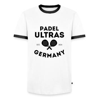 Padel T-Shirt / Padel Ultras Germany - Männer Kontrast-T-Shirt - Weiß/Schwarz - Vorne - AI Model Female 172 light (172cm) & AI Model Male 178 dark (178cm)