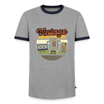 Vintage-DVD-Audiokassette - Männer Kontrast-T-Shirt - Grau/Navy  - Vorne - AI Model Female 172 light (172cm) & AI Model Male 178 light (178cm)