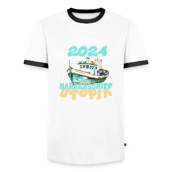Narrenschiff Utopia, 2024 - Männer Kontrast-T-Shirt - Weiß/Schwarz - Vorne - AI Model Female 172 light (172cm) & AI Model Male 178 dark (178cm)