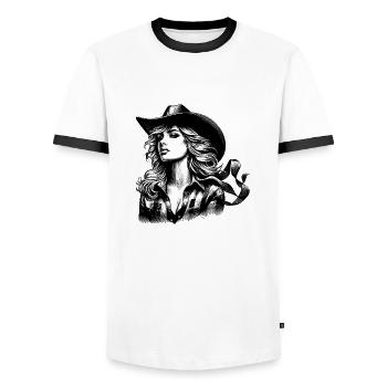 western vintage cowboy girl american wild western - Men's Ringer Shirt - white/black - Front - AI Model Female 172 light (172cm) & AI Model Male 178 dark (178cm)