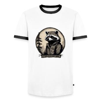 Waschbär "Die Erde hat keine Besitzer,..." - Männer Kontrast-T-Shirt - Weiß/Schwarz - Vorne - AI Model Female 172 light (172cm) & AI Model Male 178 dark (178cm)
