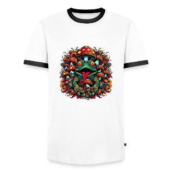 Psychedelischer Frosch mit Pilzen - Männer Kontrast-T-Shirt - Weiß/Schwarz - Vorne - AI Model Female 172 light (172cm) & AI Model Male 178 dark (178cm)