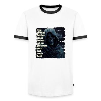 La vie est finie - T-shirt contrasté Homme - blanc/noir - Devant - AI Model Female 172 light (172cm) & AI Model Male 178 dark (178cm)