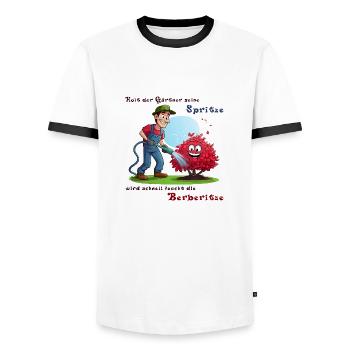 Holt der Gärtner seine Spritze - Männer Kontrast-T-Shirt - Weiß/Schwarz - Vorne - AI Model Female 172 light (172cm) & AI Model Male 178 dark (178cm)