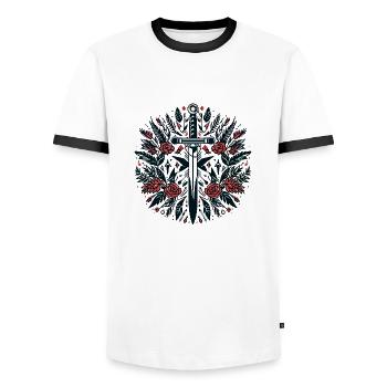Une épée parmi les fleurs - T-shirt contrasté Homme - blanc/noir - Devant - AI Model Female 172 light (172cm) & AI Model Male 178 dark (178cm)