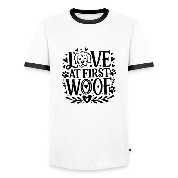 Love at First Woof - Men's Ringer Shirt - white/black - Front - AI Model Female 172 light (172cm) & AI Model Male 178 dark (178cm)