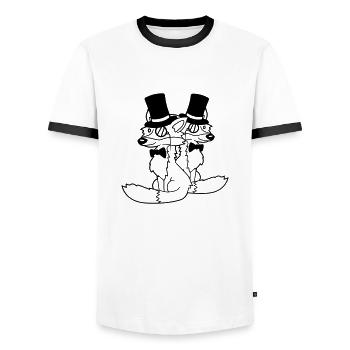 2 Foxes Friends Top Hat Men's Monocle Glasses - Men's Ringer Shirt - white/black - Front - AI Model Female 172 light (172cm) & AI Model Male 178 dark (178cm)