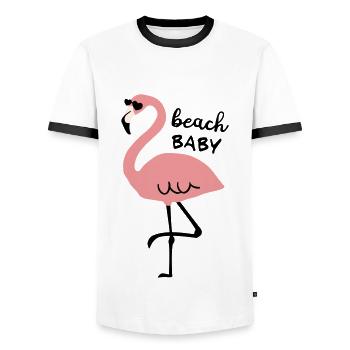 Flamingo with sunglasses and saying beach baby - Men's Ringer Shirt - white/black - Front - AI Model Female 172 light (172cm) & AI Model Male 178 dark (178cm)