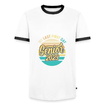 My Last First Day Senior Class of 2023 - Men's Ringer Shirt - white/black - Front - AI Model Female 172 light (172cm) & AI Model Male 178 dark (178cm)