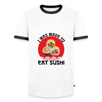 Amateur de cuisine japonaise, on m’a fait manger des sushis - T-shirt contrasté Homme - blanc/noir - Devant - AI Model Female 172 light (172cm) & AI Model Male 178 dark (178cm)