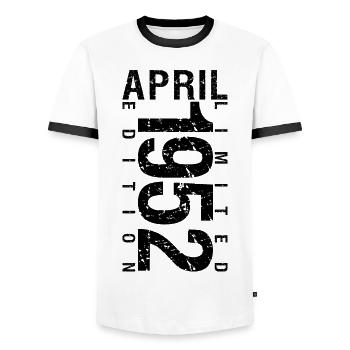 Birthday April 1952 April born in April 1952 - Men's Ringer Shirt - white/black - Front - AI Model Female 172 light (172cm) & AI Model Male 178 dark (178cm)