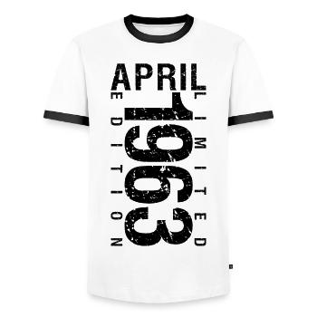 Birthday April 1963 April born in April 1963 - Men's Ringer Shirt - white/black - Front - AI Model Female 172 light (172cm) & AI Model Male 178 dark (178cm)