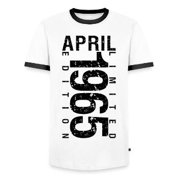 Birthday April 1965 April born in April 1965 - Men's Ringer Shirt - white/black - Front - AI Model Female 172 light (172cm) & AI Model Male 178 dark (178cm)
