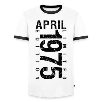 Birthday April 1975 April born in April 1975 - Men's Ringer Shirt - white/black - Front - AI Model Female 172 light (172cm) & AI Model Male 178 dark (178cm)