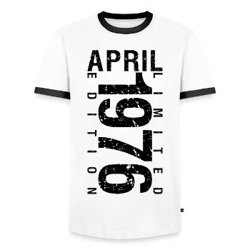 Birthday April 1976 April born in April 1976 - Men's Ringer Shirt - white/black - Front - AI Model Female 172 light (172cm) & AI Model Male 178 dark (178cm)