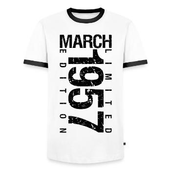 Birthday March 1957 March born in March - Men's Ringer Shirt - white/black - Front - AI Model Female 172 light (172cm) & AI Model Male 178 dark (178cm)