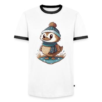 Canard mignon avec écharpe et chapeau à pompon. - T-shirt contrasté Homme - blanc/noir - Devant - AI Model Female 172 light (172cm) & AI Model Male 178 dark (178cm)