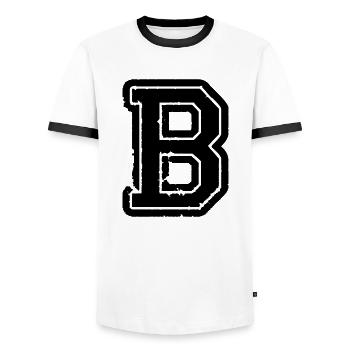 B Buchstabe - Männer Kontrast-T-Shirt - Weiß/Schwarz - Vorne - AI Model Female 172 light (172cm) & AI Model Male 178 dark (178cm)