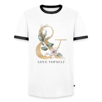 Love youself slogan with flower tendrils watercolors - Men's Ringer Shirt - white/black - Front - AI Model Female 172 light (172cm) & AI Model Male 178 dark (178cm)