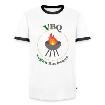 VBQ vegan barbeque, vegetarian, BBQ - Men's Ringer Shirt - white/black - Front - AI Model Female 172 light (172cm) & AI Model Male 178 dark (178cm)