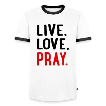 pray - Men's Ringer Shirt - white/black - Front - AI Model Female 172 light (172cm) & AI Model Male 178 dark (178cm)