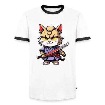Samurai Cat #31 - Men's Ringer Shirt - white/black - Front - AI Model Female 172 light (172cm) & AI Model Male 178 dark (178cm)