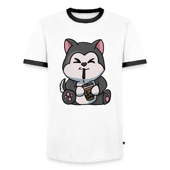 Anime Kawaii Bubble Tea Drinking Husky Hand Drawn - Men's Ringer Shirt - white/black - Front - AI Model Female 172 light (172cm) & AI Model Male 178 dark (178cm)