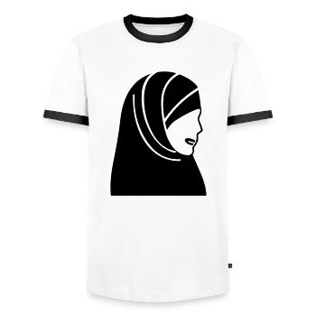 hijab foulard femme musulmane - T-shirt contrasté Homme - blanc/noir - Devant - AI Model Female 172 light (172cm) & AI Model Male 178 dark (178cm)