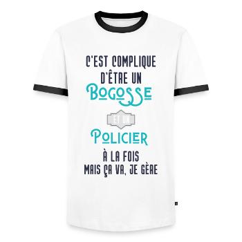 C'est compliqué d'être Bogosse et Policier - T-shirt contrasté Homme - blanc/noir - Devant - AI Model Female 172 light (172cm) & AI Model Male 178 dark (178cm)