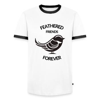 "Gefiederte Freunde für immer" Brauner Slogan - Männer Kontrast-T-Shirt - Weiß/Schwarz - Vorne - AI Model Female 172 light (172cm) & AI Model Male 178 dark (178cm)