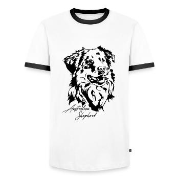 Berger australien Chiens de portrait australiens Wilsigns - T-shirt contrasté Homme - blanc/noir - Devant - AI Model Female 172 light (172cm) & AI Model Male 178 dark (178cm)