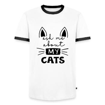 ASK ME ABOUT CATS FUNNY FUNNY SAYING MOTIFS - Men's Ringer Shirt - white/black - Front - AI Model Female 172 light (172cm) & AI Model Male 178 dark (178cm)