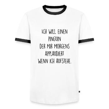 Ich will einen Pinguin - Männer Kontrast-T-Shirt - Weiß/Schwarz - Vorne - AI Model Female 172 light (172cm) & AI Model Male 178 dark (178cm)