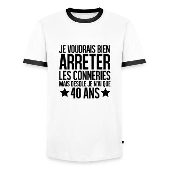 désolé je n'ai que 40 ans - T-shirt contrasté Homme - blanc/noir - Devant - AI Model Female 172 light (172cm) & AI Model Male 178 dark (178cm)