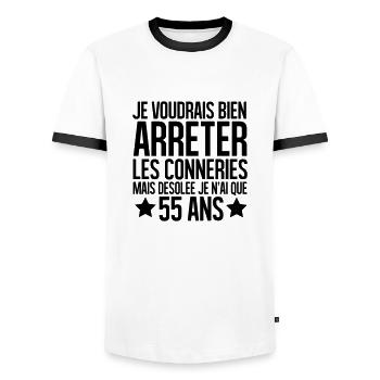 désolée je n'ai que 55 ans - T-shirt contrasté Homme - blanc/noir - Devant - AI Model Female 172 light (172cm) & AI Model Male 178 dark (178cm)