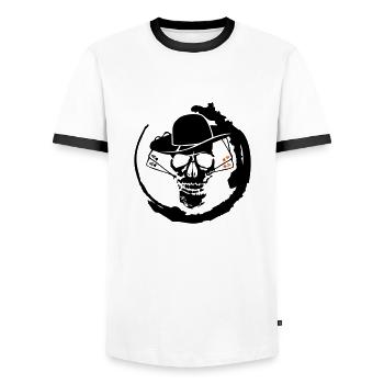 head of death card poker as square skull - Men's Ringer Shirt - white/black - Front - AI Model Female 172 light (172cm) & AI Model Male 178 dark (178cm)