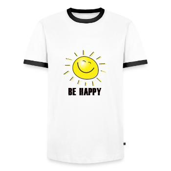 BE HAPPY slogan saying design gift - Men's Ringer Shirt - white/black - Front - AI Model Female 172 light (172cm) & AI Model Male 178 dark (178cm)