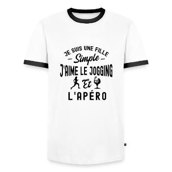 humour jogging et apéro - fille simple - T-shirt contrasté Homme - blanc/noir - Devant - AI Model Female 172 light (172cm) & AI Model Male 178 dark (178cm)