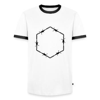 Barbed Wire 6 Corner Hexagon - Gift Idea Tattoo - Men's Ringer Shirt - white/black - Front - AI Model Female 172 light (172cm) & AI Model Male 178 dark (178cm)