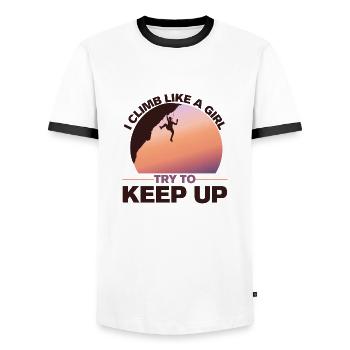 I Climb Like A Girl Rock Climbing Girl - Men's Ringer Shirt - white/black - Front - AI Model Female 172 light (172cm) & AI Model Male 178 dark (178cm)