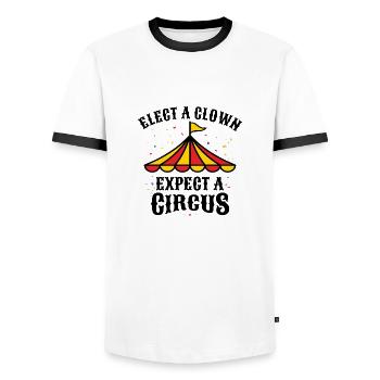 ELECT A CLOWN EXPECT A CIRCUS - Men's Ringer Shirt - white/black - Front - AI Model Female 172 light (172cm) & AI Model Male 178 dark (178cm)