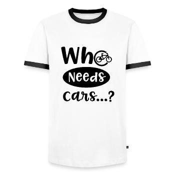 Un cycliste dit drôle : voitures, mobilité durable - T-shirt contrasté Homme - blanc/noir - Devant - AI Model Female 172 light (172cm) & AI Model Male 178 dark (178cm)