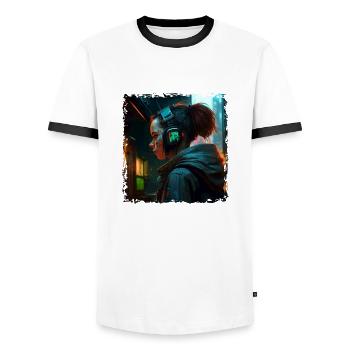 Artwork Illustration Punk in the High Tech Future - Men's Ringer Shirt - white/black - Front - AI Model Female 172 light (172cm) & AI Model Male 178 dark (178cm)