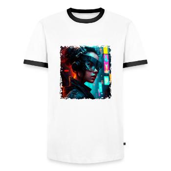 Cyborg of the future with high-tech implants - Men's Ringer Shirt - white/black - Front - AI Model Female 172 light (172cm) & AI Model Male 178 dark (178cm)