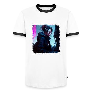 A female soldier of the future in the underground - Men's Ringer Shirt - white/black - Front - AI Model Female 172 light (172cm) & AI Model Male 178 dark (178cm)