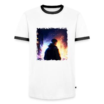 Punk Man in the Battle of the Future in Sci-Fi War - Men's Ringer Shirt - white/black - Front - AI Model Female 172 light (172cm) & AI Model Male 178 dark (178cm)